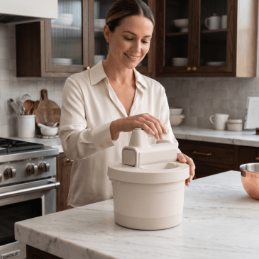 Woman using a Bella Hand and Stand Mixer made with AI.