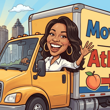 Caricature image of Mel Childs in a Move Me to Atlanta truck made with AI.