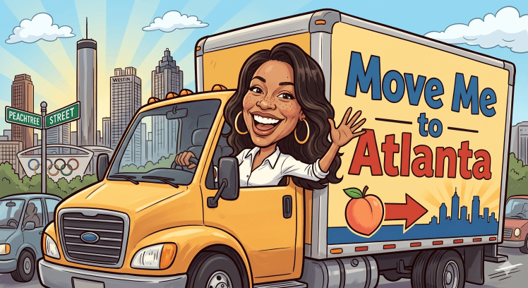 Caricature image of Mel Childs in a Move Me to Atlanta truck made with AI.