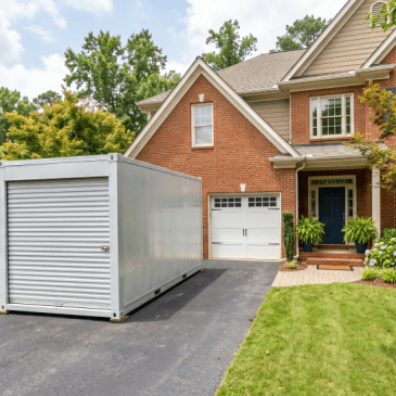 Image of a moving container in front of an Atlanta home made with AI.