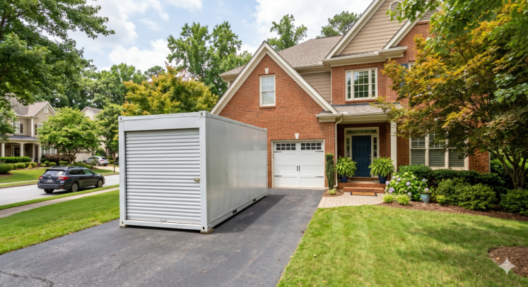 Image of a moving container in front of an Atlanta home made with AI.