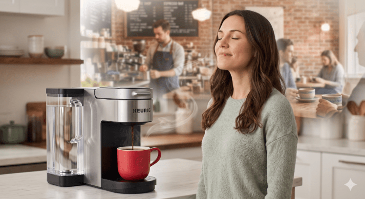 A woman imagining her Keurig coffee is as good as a coffee shop made with AI. 