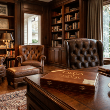 Image of a private study with a wooden box of Oliva cigars on the desk made with AI.