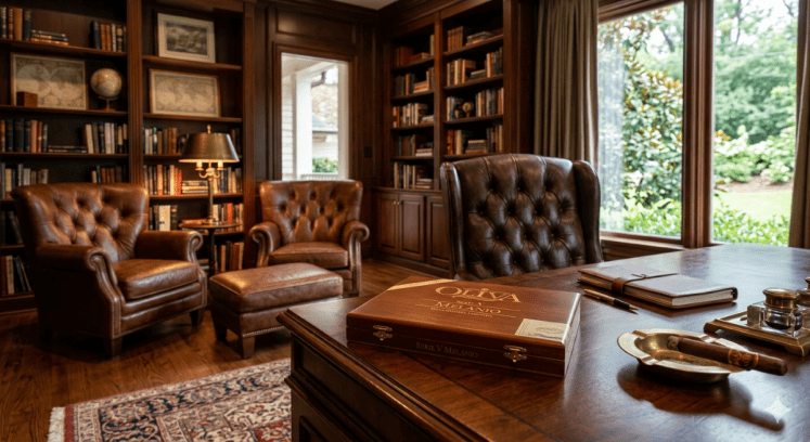 Image of a private study with a wooden box of Oliva cigars on the desk made with AI.