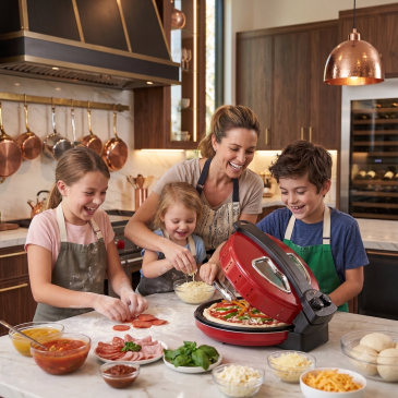 A family cooking pizza using a pizza maker—made with AI