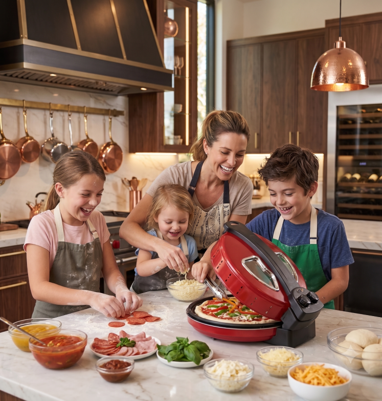 A family cooking pizza using a pizza maker—made with AI