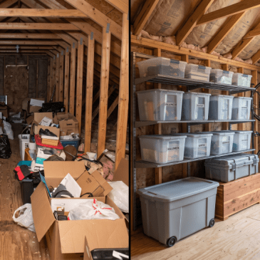 Image of an unorganized attic and organized attic side by side made with AI.