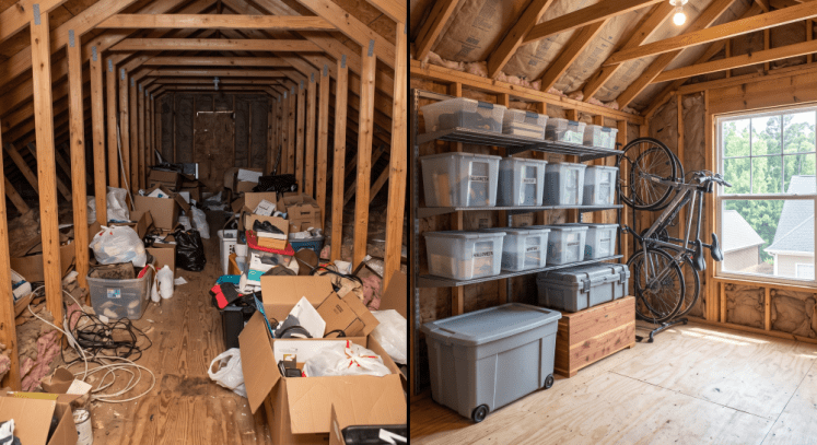 Image of an unorganized attic and organized attic side by side made with AI.