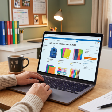 Image of parent shopping for back to school online made with AI.