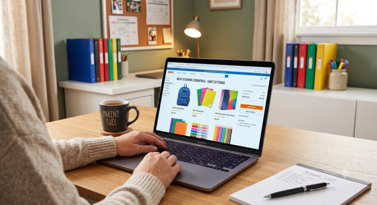 Image of parent shopping for back to school online made with AI.