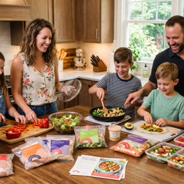 Image of a large family meal prepping together made with AI.