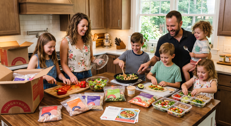 Image of a large family meal prepping together made with AI.