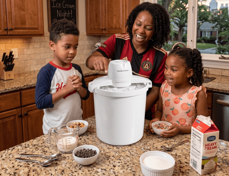 Family making ice cream made with AI.