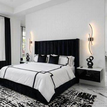 Black and white bedroom with wall sconces made with AI.