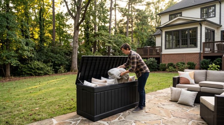 a person storing patio items in a storage box made with AI