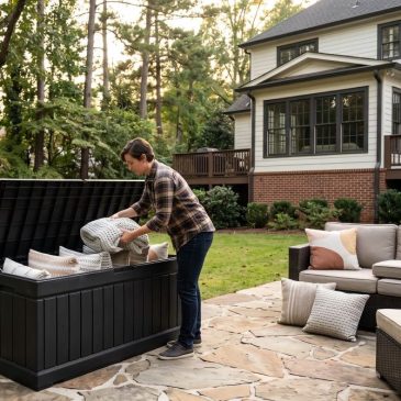 a person storing patio items in a storage box made with AI