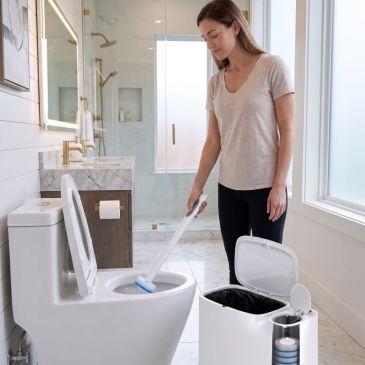 A woman using a toilet wand to clean the toilet made with AI.