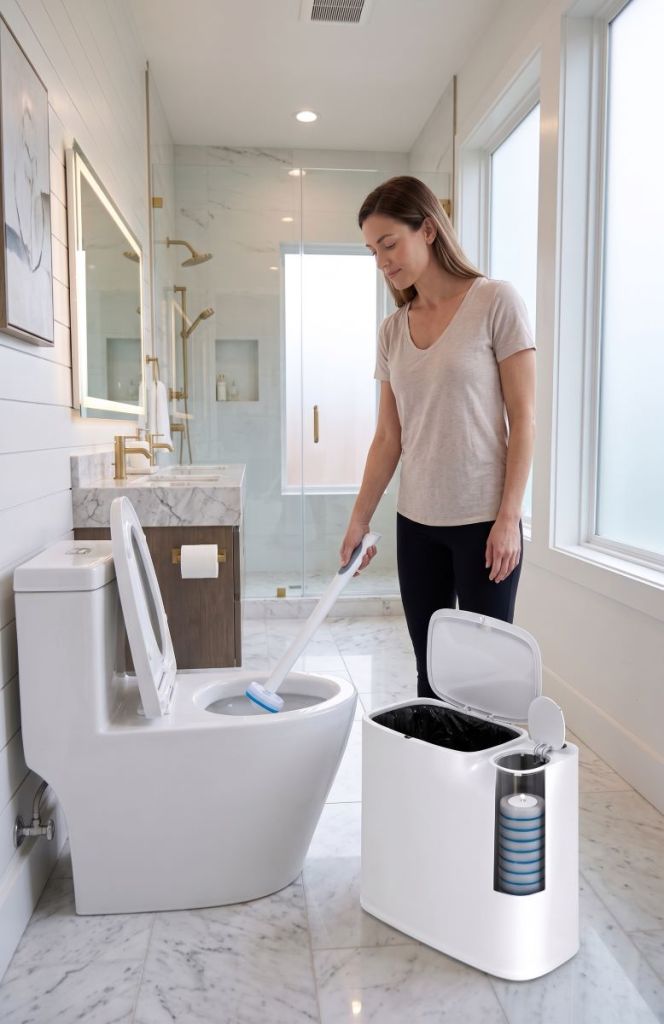 A woman using a toilet wand to clean the toilet made with AI.