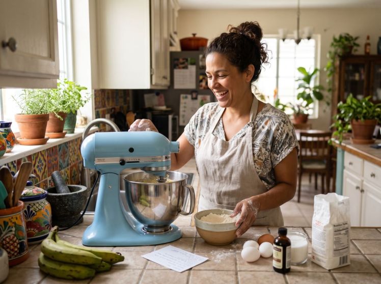 Image of a woman using a mixer made with AI.